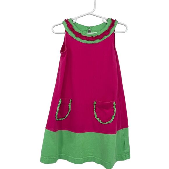 Hanna Andersson‎ Pink Green Colorblock Ruffle Tank Dress Cotton 4t - Picture 1 of 4
